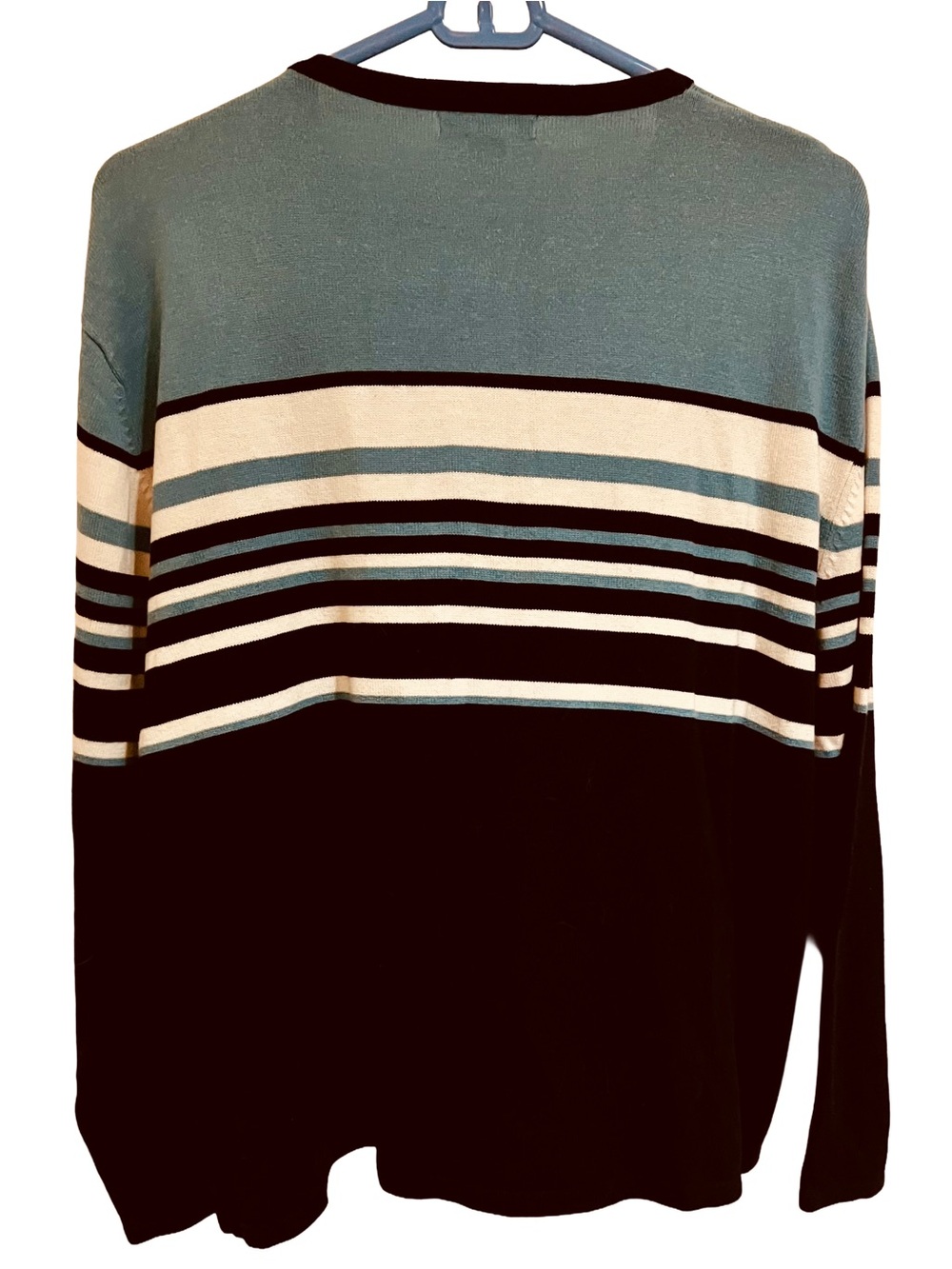 Medium Blue, Black & Ivory Striped Button-Up Cardigan for spring or summer. - Picture 2 of 2